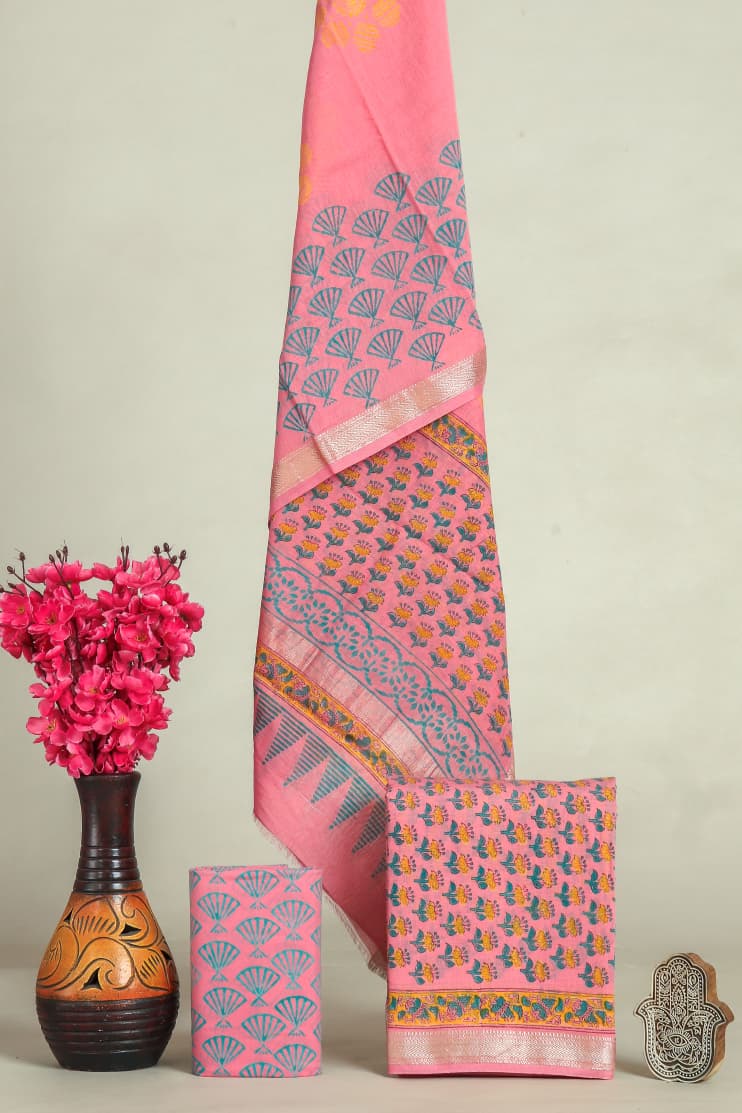 DESIGNER HAND BLOCK   PRINT MAHESHWARI SILK SUIT MAHESHWARI SILK DUPPTA (MSLYS180)