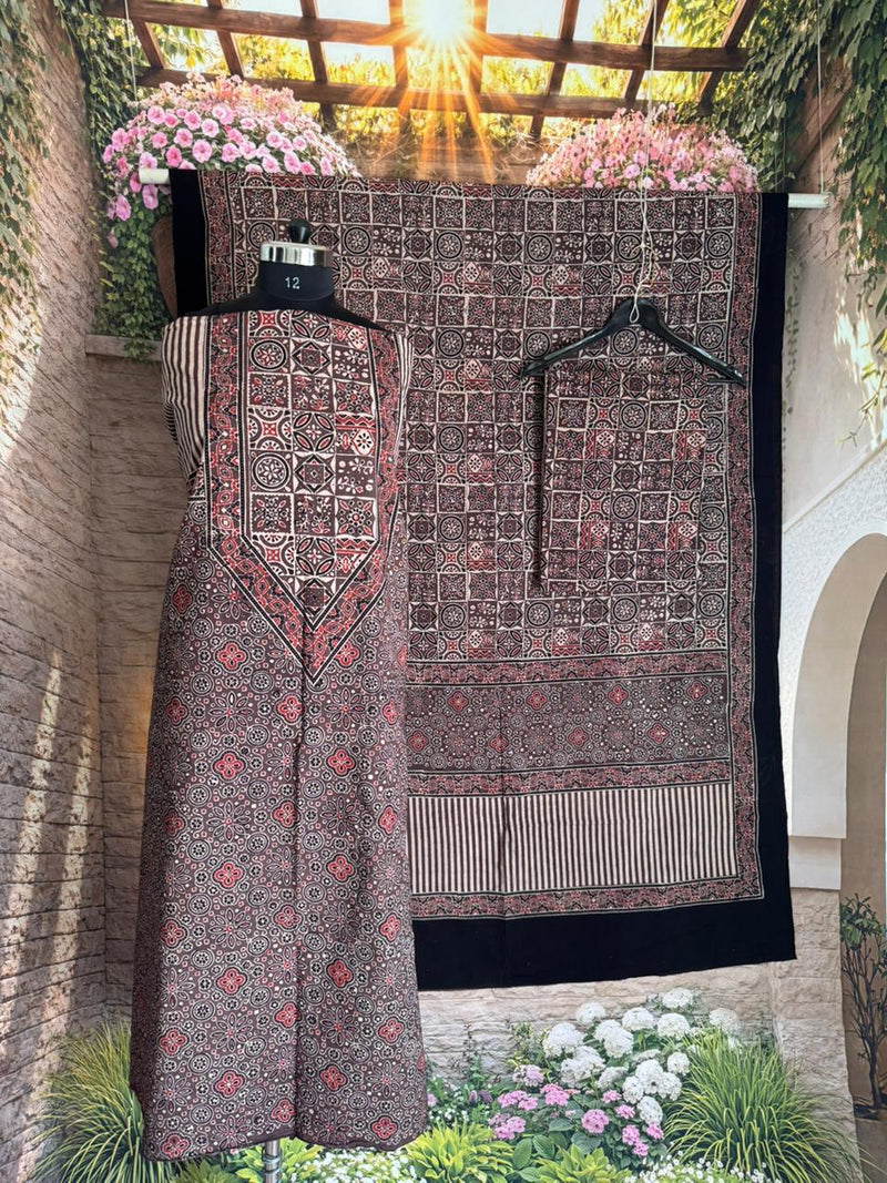 KUTCH HAND BLOCK AJRAK PRINT NATURAL DYED COTTON SUIT WITH COTTON DUPATTA (AJPCYS07)