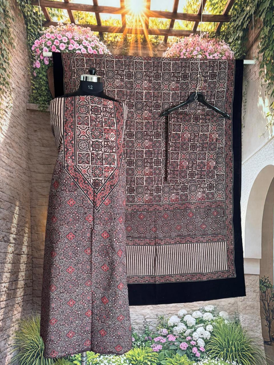 KUTCH HAND BLOCK AJRAK PRINT NATURAL DYED COTTON SUIT WITH COTTON DUPATTA (AJPCYS07)