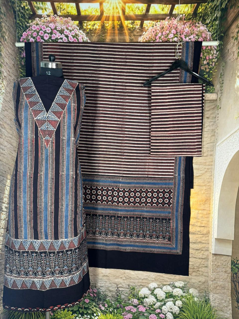 KUTCH HAND BLOCK AJRAK PRINT NATURAL DYED COTTON SUIT WITH COTTON DUPATTA (AJPCYS06)