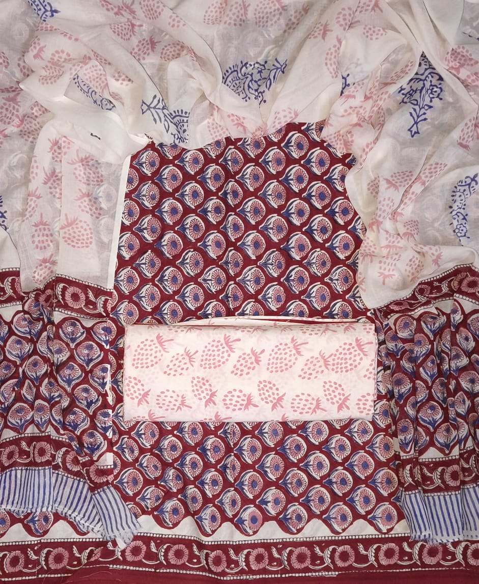 YUVI STYLE HAND BLOCK PRINT PURE COTTON SUIT WITH COTTON MULMUL DUPATTA (MALYS157)