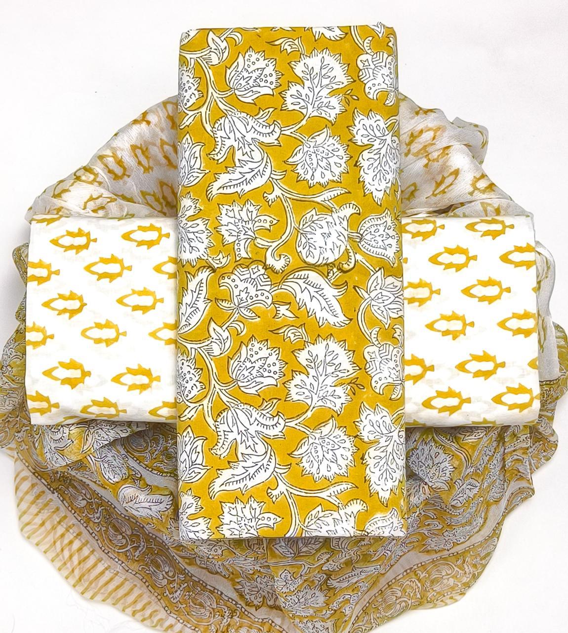 Yuvi Style HAND BLOCK PRINT PURE COTTON SUIT WITH CHIFFION DUPTTA (PCHFYS167)