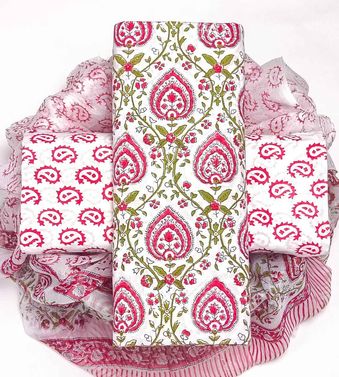DESIGNER HAND BLOCK PRINT PURE COTTON SUIT WITH CHIFFON DUPATTA (PCHFYS184)