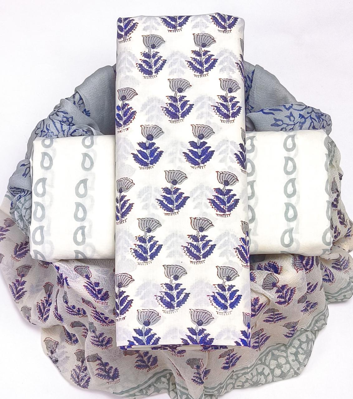Elegant Hand Block Print Pure Cotton Suit With Chiffion  Duptta (PCHFYS89)