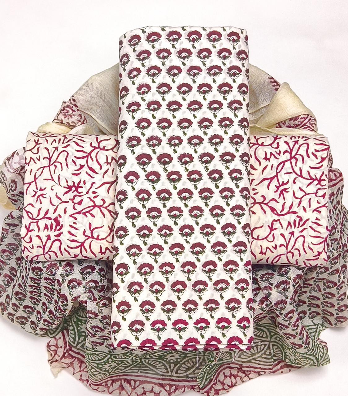 TRADITIONAL HAND BLOCK PRINT PURE COTTON SUIT WITH CHIFFION DUPTTA (PCHFYS150)