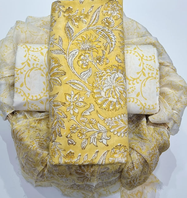 YUVI STYLE HAND BLOCK PRINT PURE COTTON SUIT WITH CHIFFION DUPTTA (PCHFYS88)
