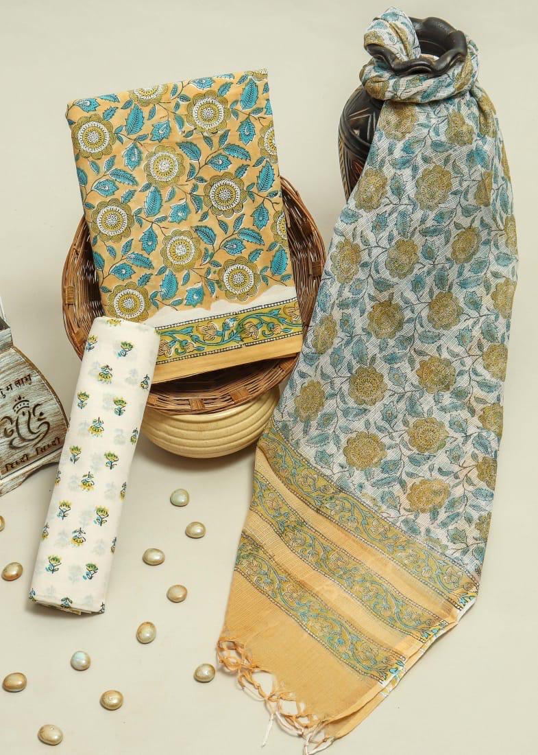 YUVI STYLE HAND BLOCK PRINT PURE COTTON SUIT WITH DORIA DUPATTA(3CKDYS196)