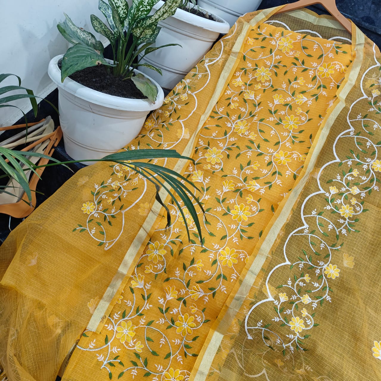 Yuvi Style Yellow Kota Doria Suit With Embroidery Work (FKDYS102)