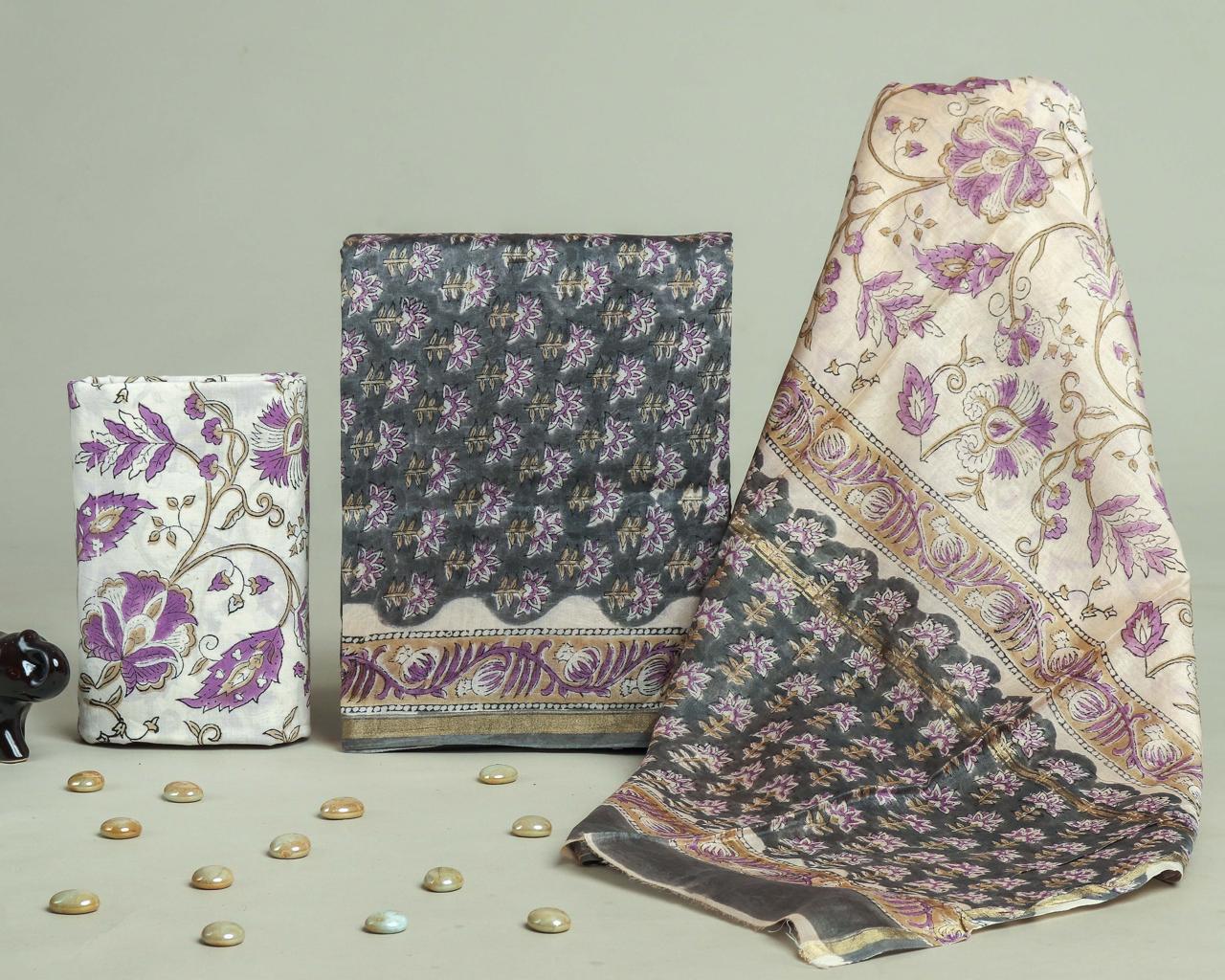 TRADITIONAL HAND PRINTED CHANDERI SILK SUIT SET WITH CHANDERI DUPATTA (CHDYS231)