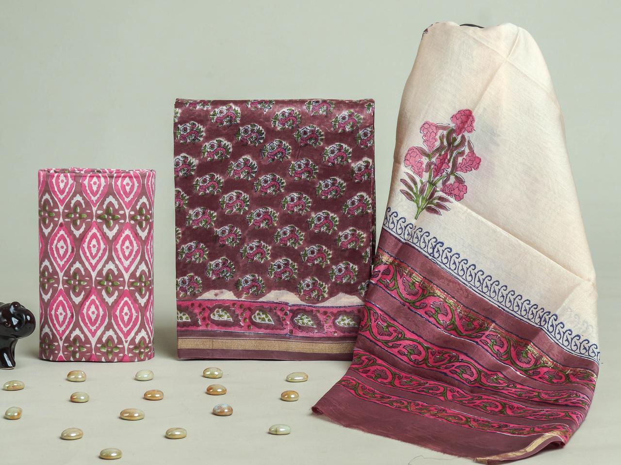 ELEGANT HAND BLOCK CHANDERI SILK SUIT SET WITH CHANDERI DUPATTA (CHDYS270)