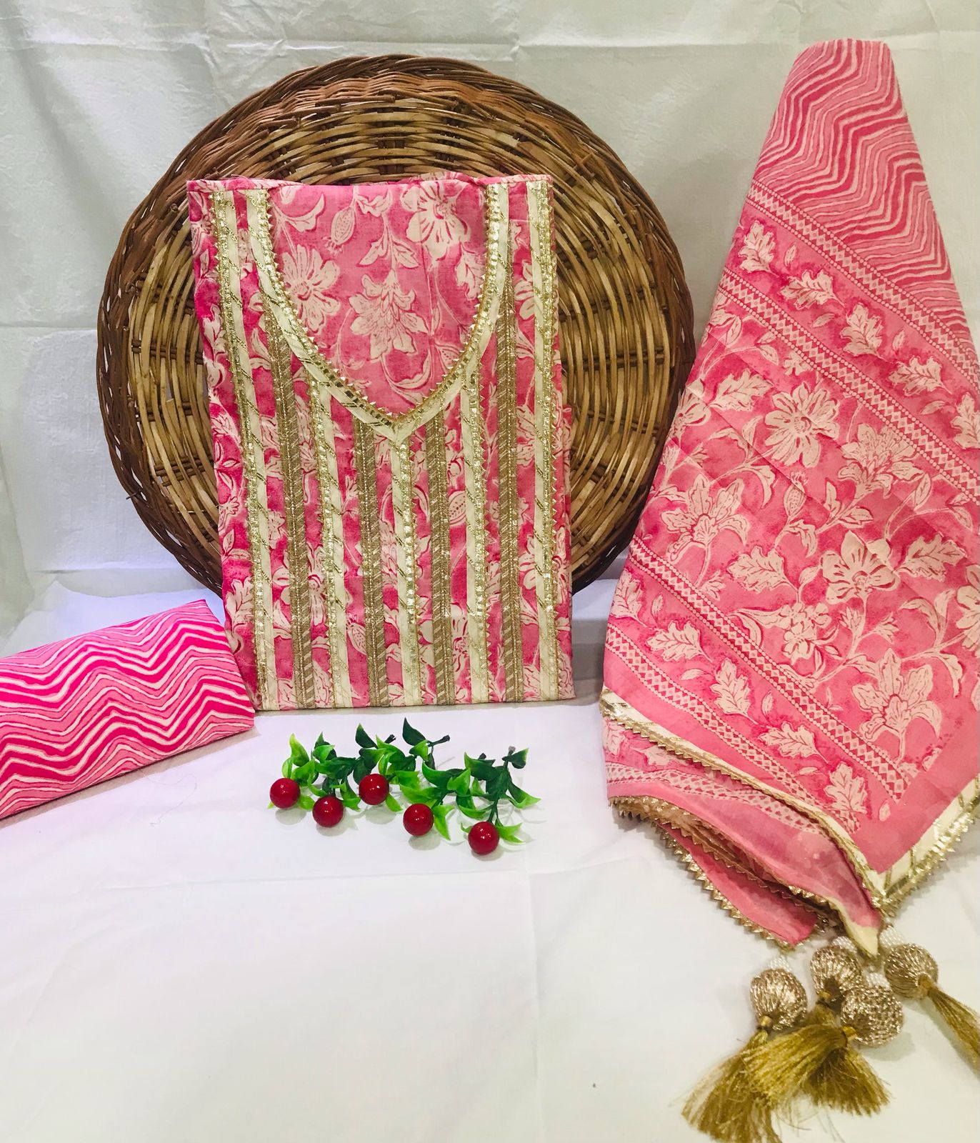 Sanganeri print cotton suit material with cotton dupatta Gota work (GOTAYS100)