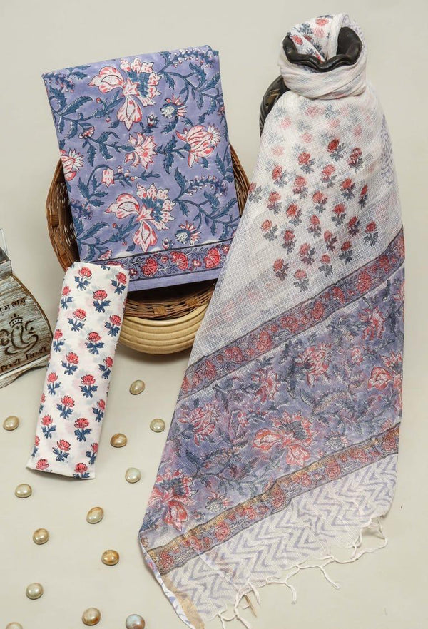 DESIGNER HAND BLOCK PRINT PURE COTTON SUIT MATERIAL WITH KOTA DORIA DUPATTA(3ckdys60)