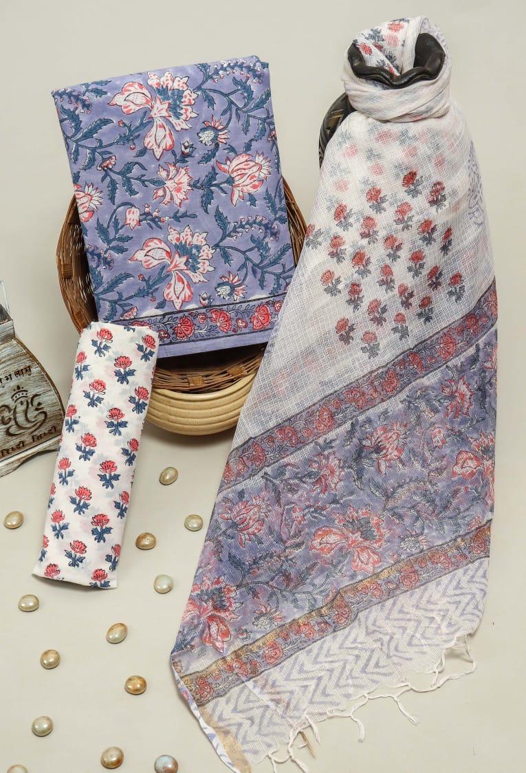 DESIGNER HAND BLOCK PRINT PURE COTTON SUIT MATERIAL WITH KOTA DORIA DUPATTA(3ckdys60)