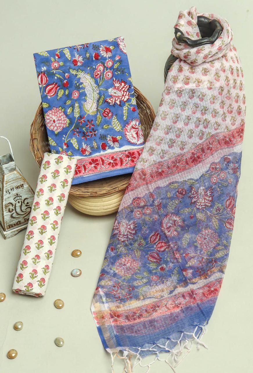 EXCULIVE FLORAL JAAL COTTON SUIT SET WITH KOTA DORIA DUPTTA(3CKDYS203)