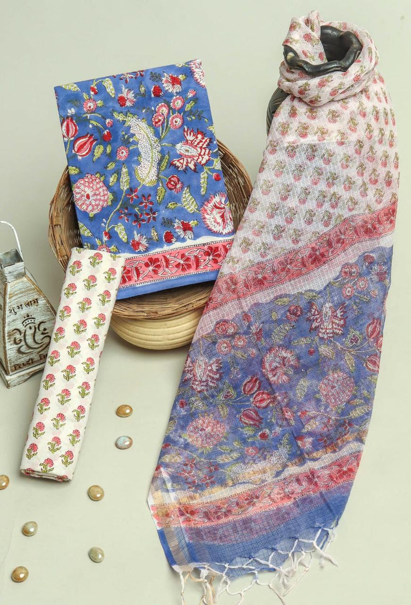 EXCULIVE FLORAL JAAL COTTON SUIT SET WITH KOTA DORIA DUPTTA(3CKDYS203)