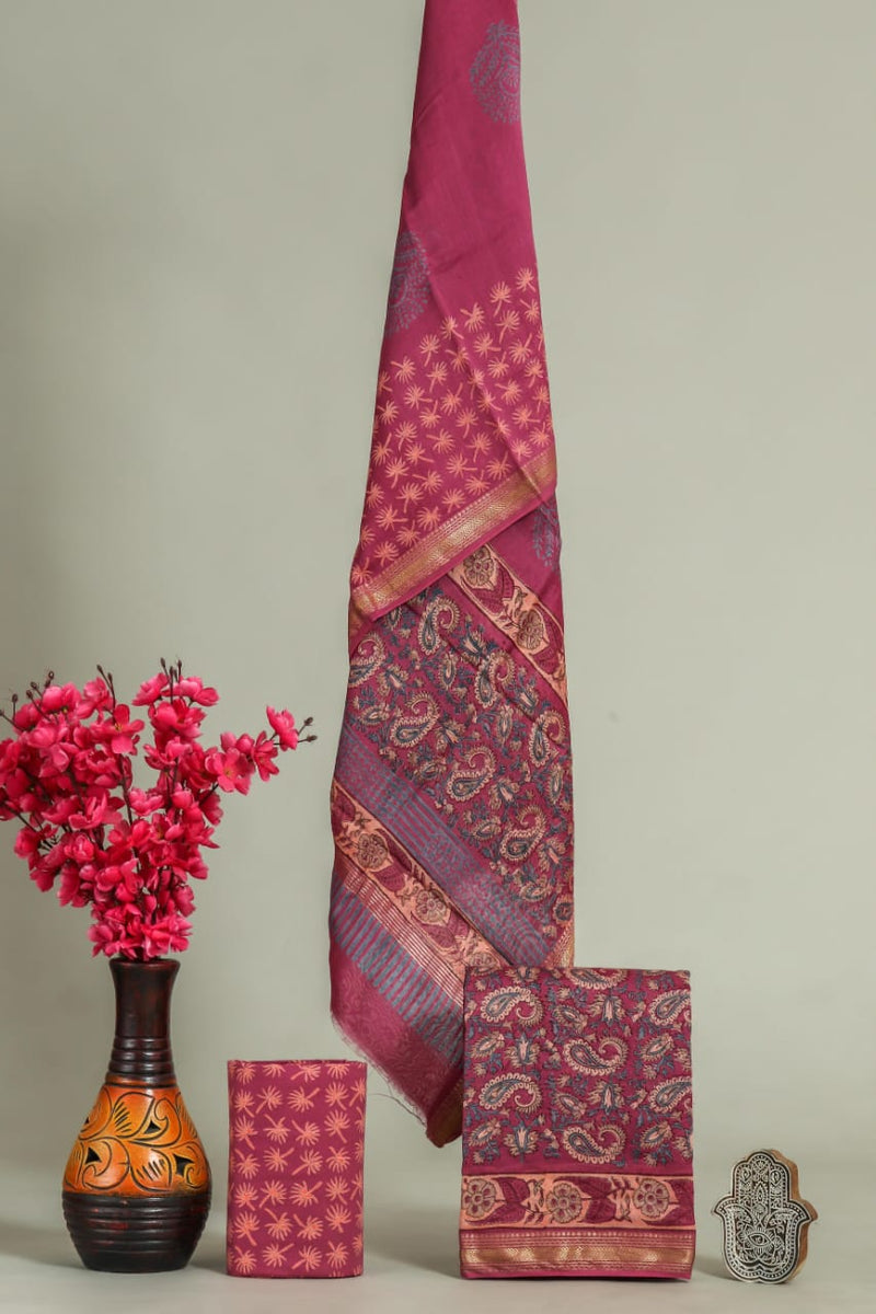 Designer Hand Block Print Maheshwari Silk Suit Set (MSLYS07)