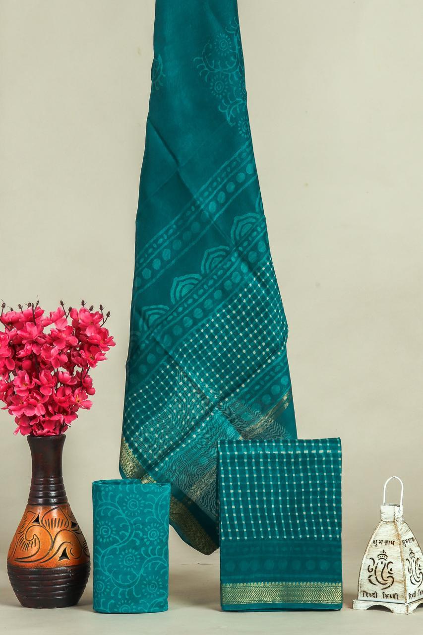 Designer Hand Block Print Maheshwari Silk Suit Set (MSLYS30)