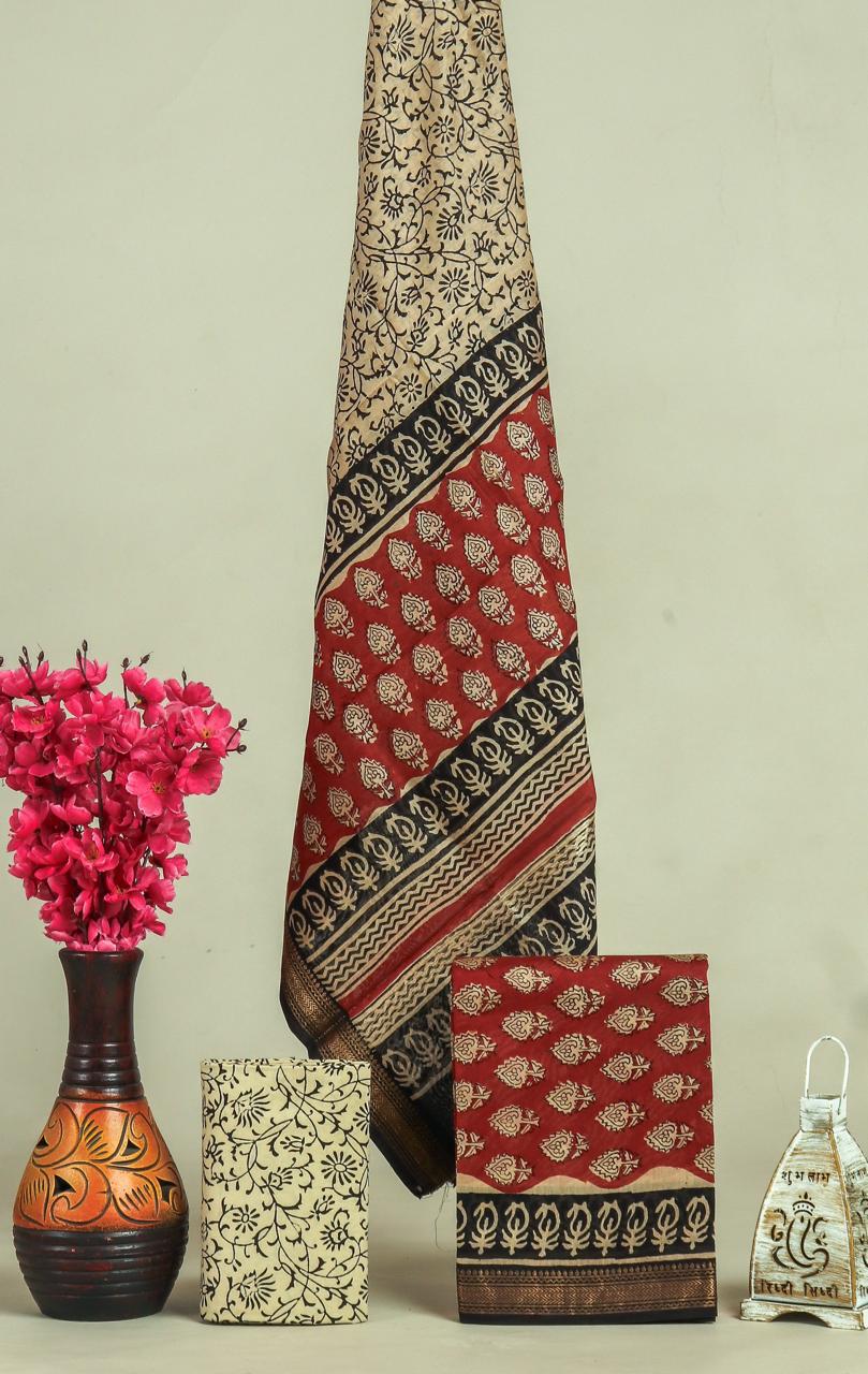 Designer Hand Block Print Maheshwari Silk Suit Set (MSLYS11)