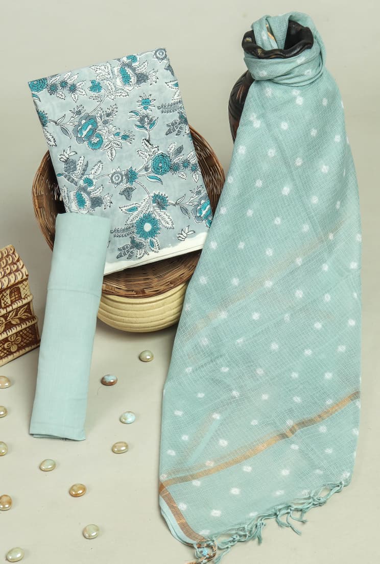 Designer Hand Block Print Pure Cotton Suit Material with Kota Doria Dupatta(3CKDYS01)