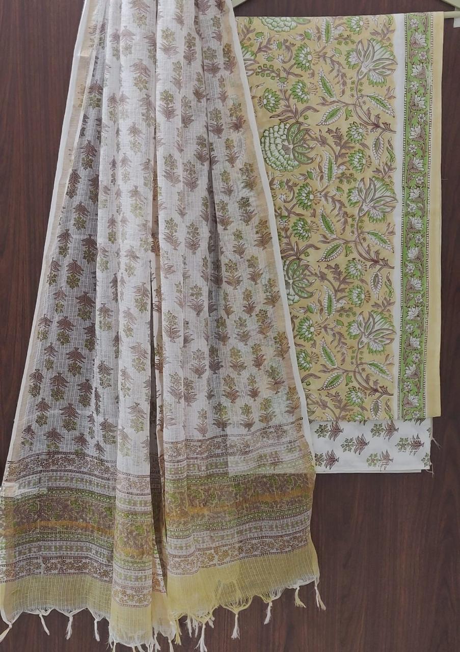 FLORAL HAND BLOCK PRINT PURE COTTON SUIT WITH DORIA DUPATTA(3CKDYS147)
