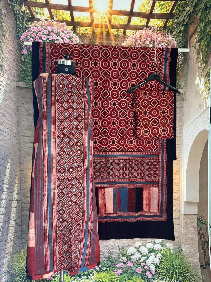 KUTCH HAND BLOCK AJRAK PRINT NATURAL DYED COTTON SUIT WITH COTTON DUPATTA (AJPCYS03)