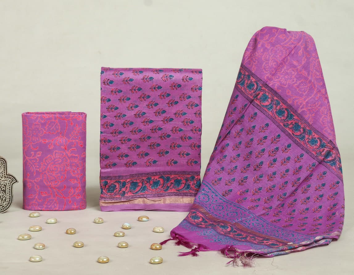 Designer Hand Block Print Chanderi Silk Suit set with Premium Chanderi Dupatta (CHDYS33)