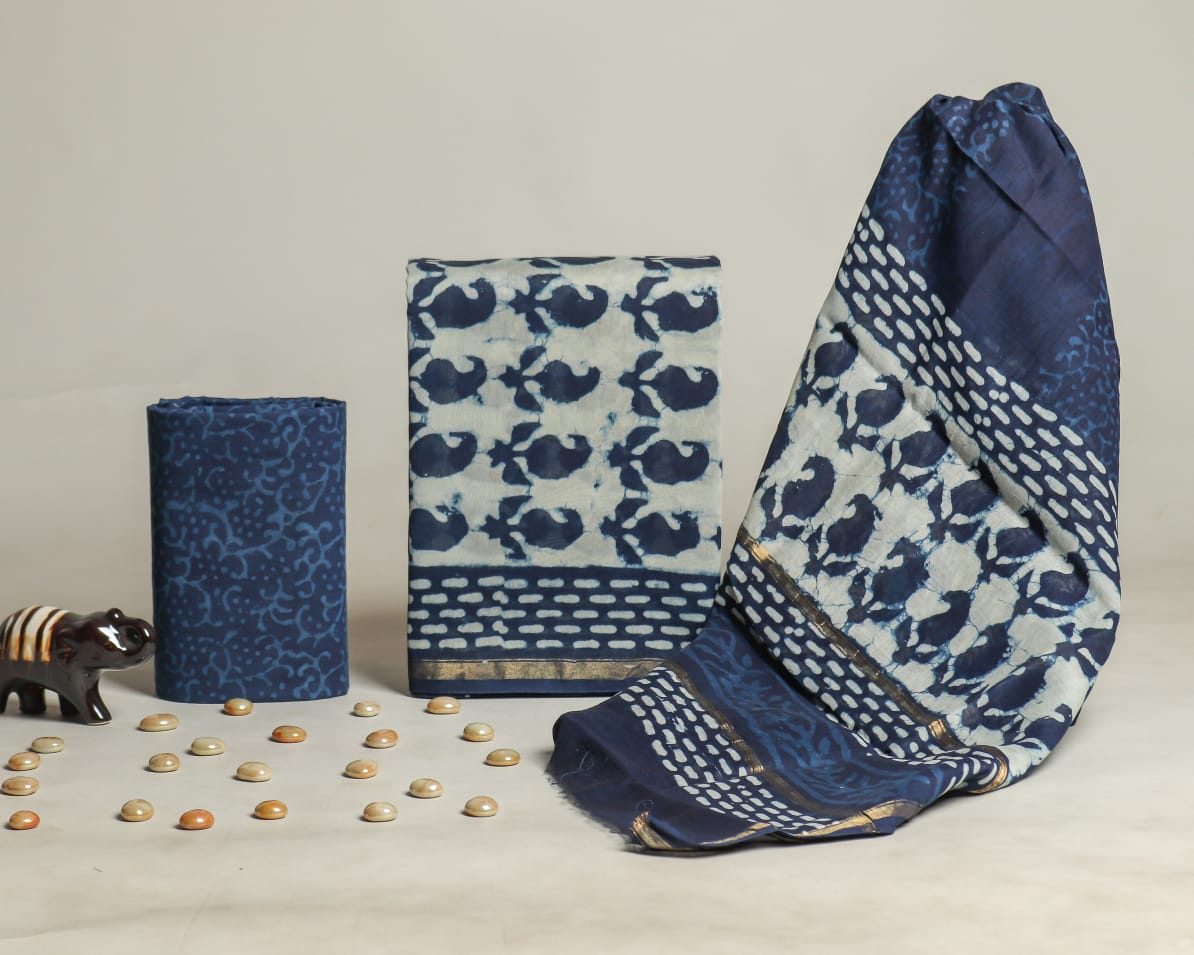 DESIGNER HAND BLOCK PRINT CHANDERI SILK SUIT SET WITH PREMIUM CHANDERI DUPATTA (CHDYS81)