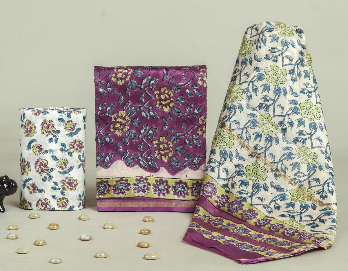 DESIGNER HAND BLOCK PRINT CHANDERI SILK SUIT SET WITH PREMIUM CHANDERI DUPATTA (CHDYS221)