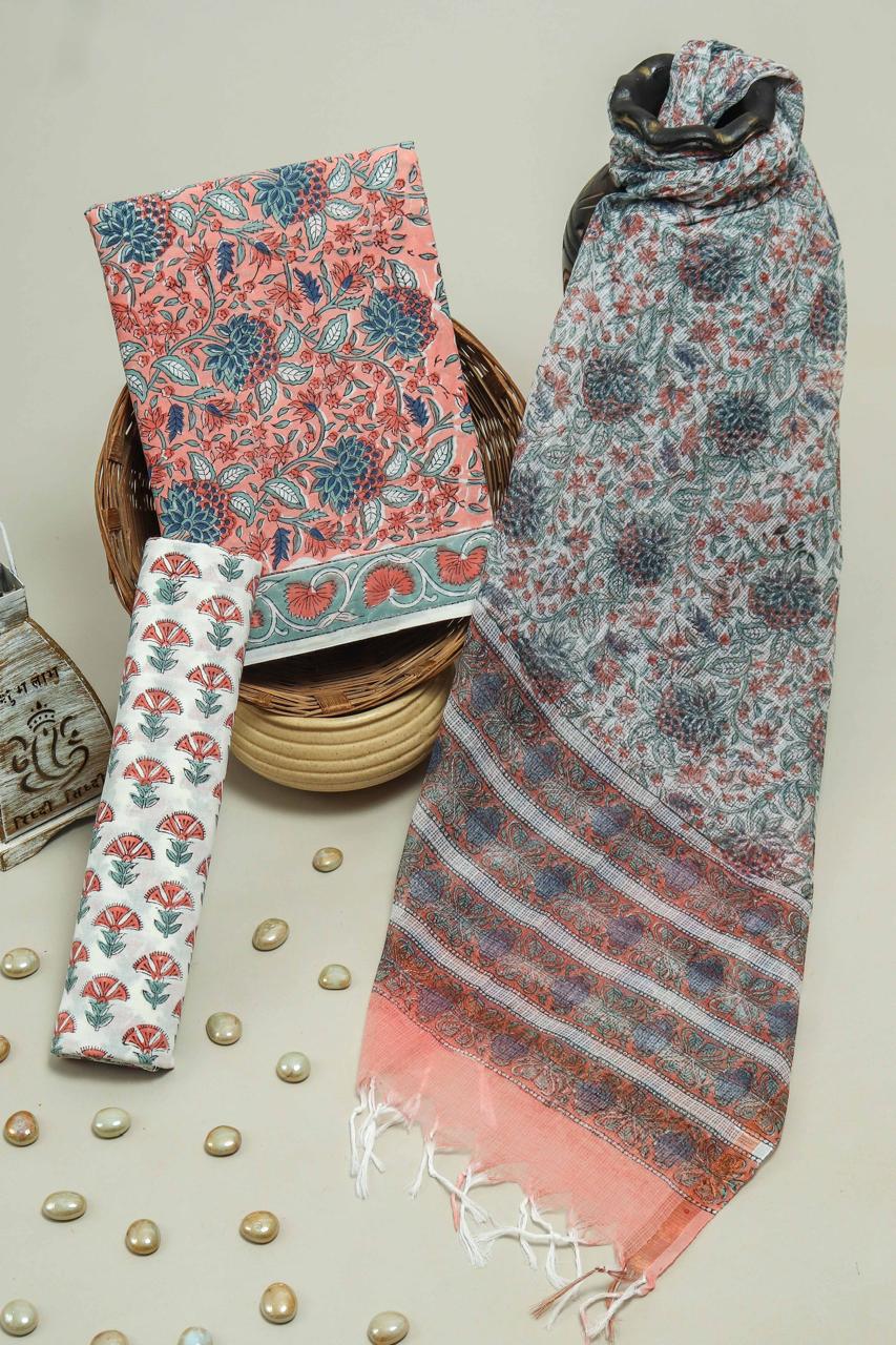DESIGNER HAND BLOCK PRINT PURE COTTON SUIT MATERIAL WITH KOTA DORIA DUPATTA (3CKDYS72)