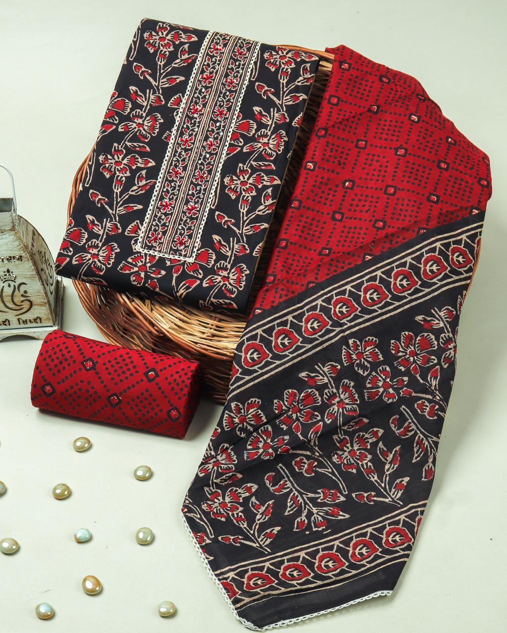 EXCLUSIVE  HAND BLOCK PRINT COTTON SUIT WITH COTTON DUPATTA HAND WORK (GOTAYS95)