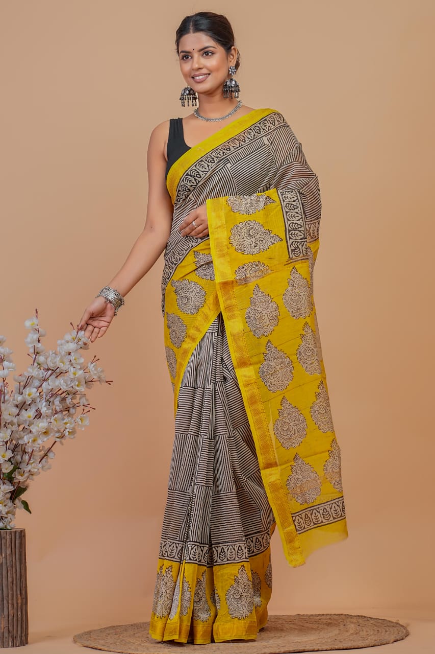 DESIGNER HAND BLOCK PRINTED  MAHESWARI  SILK SAREE ( MSYS10)