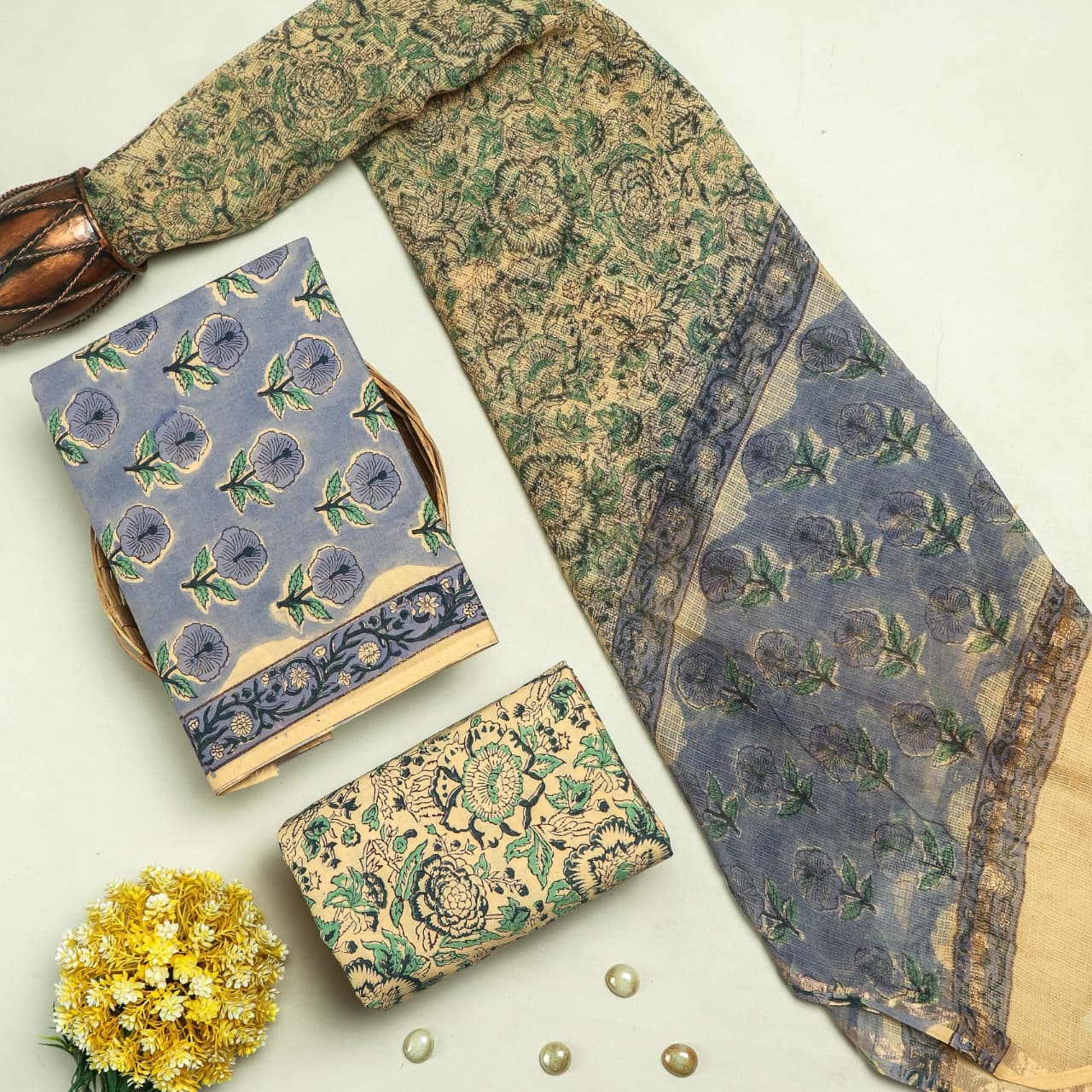 DESIGNER HAND BLOCK PRINT PURE COTTON SUIT MATERIAL WITH KOTA DORIA DUPATTA (3CKDYS40)