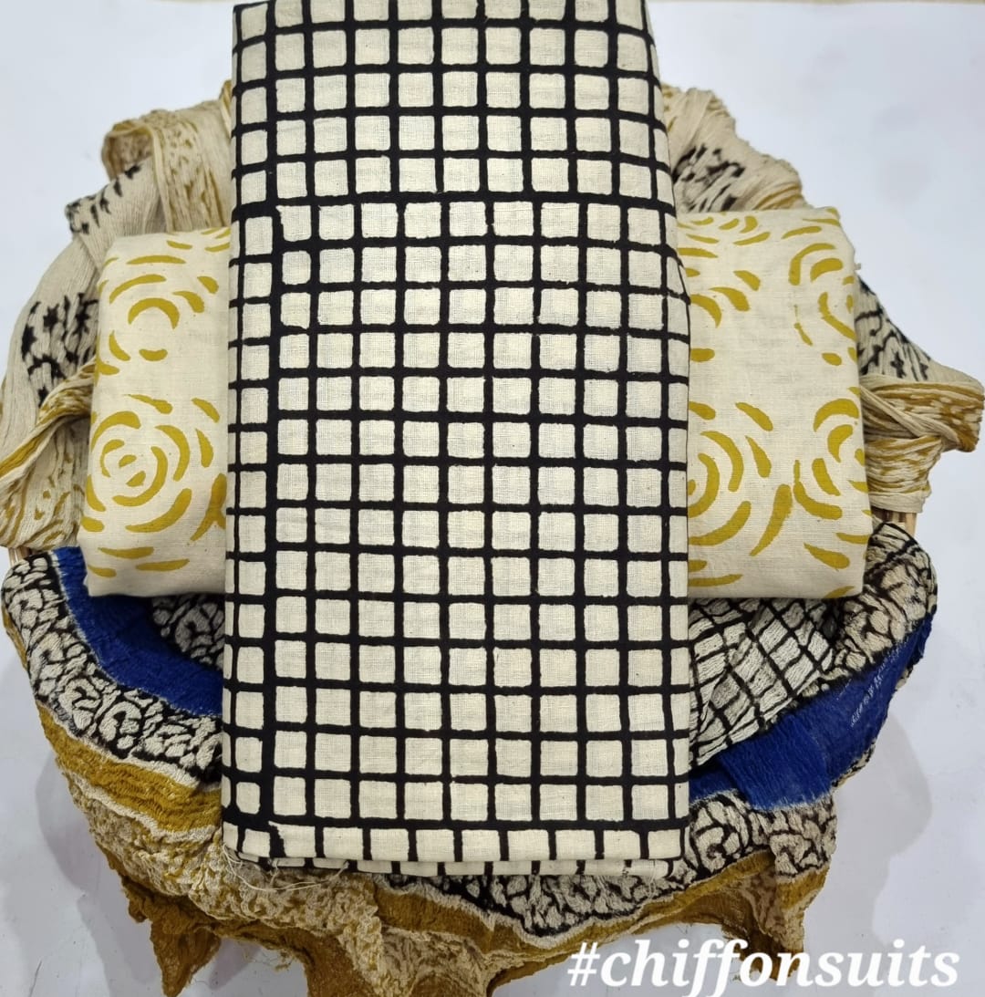 DESIGNER HAND BLOCK PRINT PURE COTTON SUIT WITH CHIFFON DUPATTA (PCHFYS162)