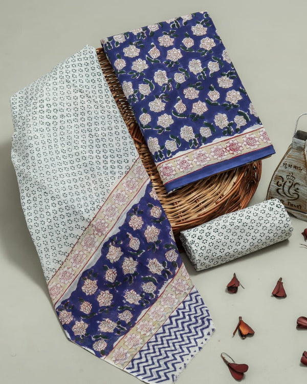 Floral Jaal Hand Block Print Cotton Suit Set with Mulmul Dupatta (MALYS293)