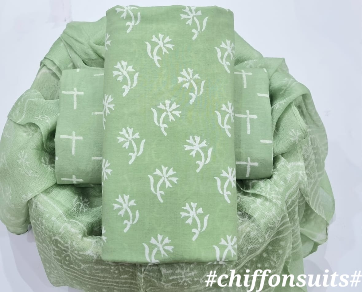 DESIGNER HAND BLOCK PRINT PURE COTTON SUIT WITH CHIFFON DUPATTA (PCHFYS173)