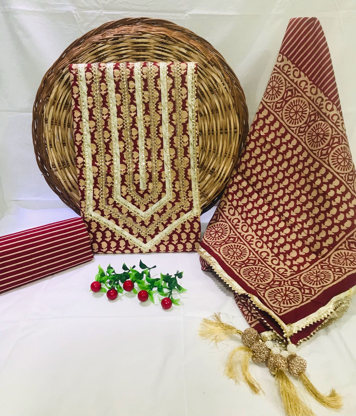 Sanganeri print cotton suit material with Cotton Dupatta Hand work (GOTAYS108)