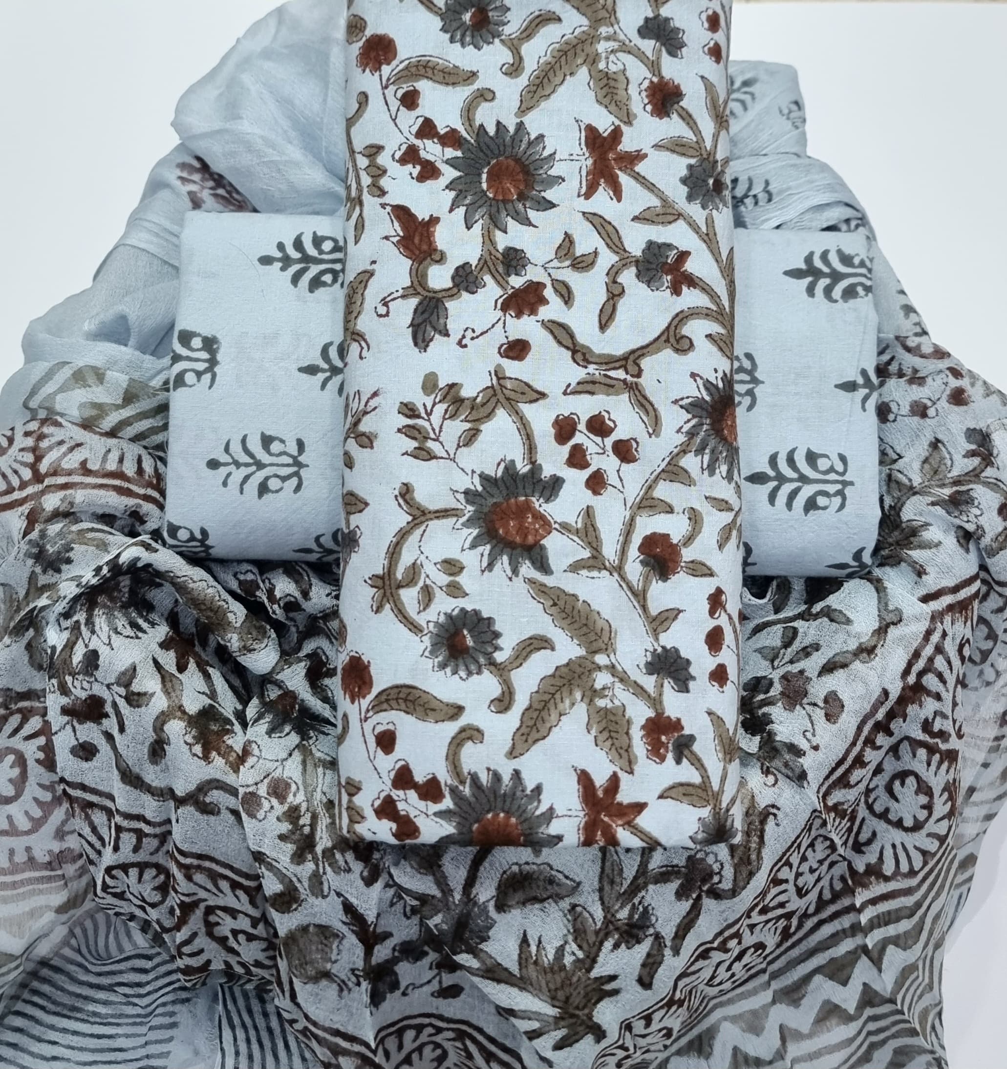 TRADITIONAL HAND BLOCK PRINT PURE COTTON SUIT WITH CHIFFION DUPTTA (PCHFYS157)