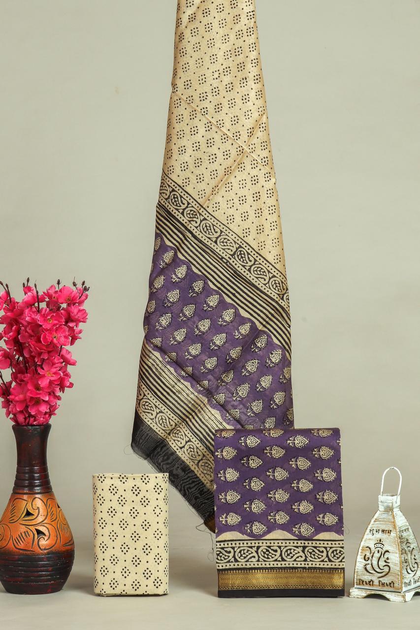Designer Hand Block Print Maheshwari Silk Suit Set (MSLYS27)