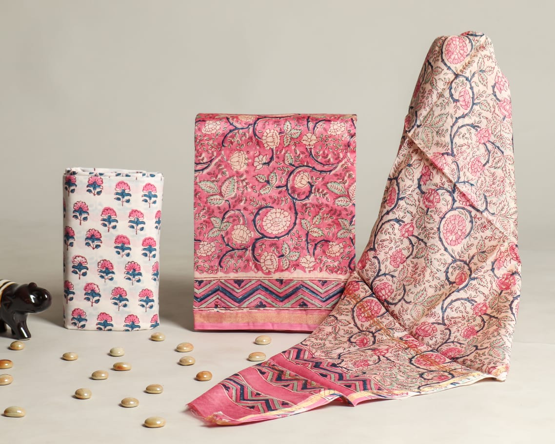 TRADITIONAL HAND BLOCK CHANDERI SILK SUIT SET WITH CHANDERI DUPATTA (CHDYS247)