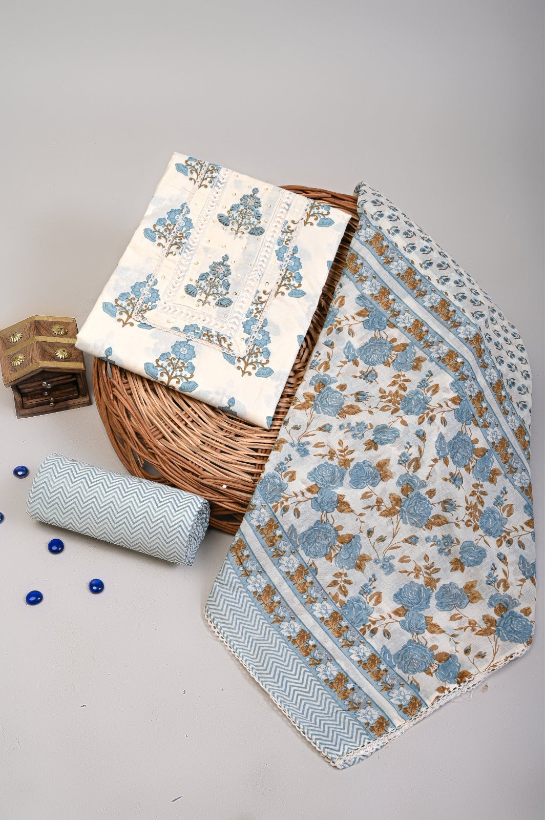 Sanganeri print cotton suit material with cotton dupatta Gotta Tye neck work  (GOTAYS12)