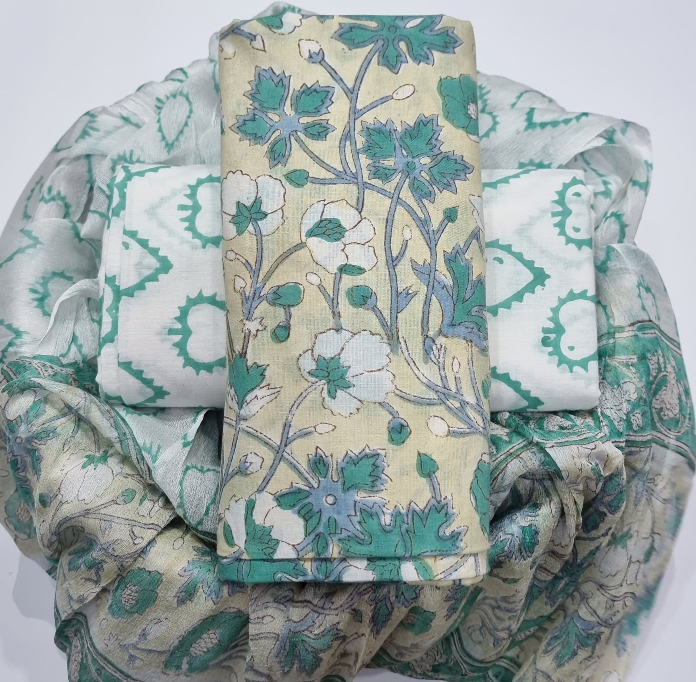 YUVI STYLE HAND BLOCK PRINT PURE COTTON SUIT WITH CHIFFION DUPTTA (PCHFYS74)