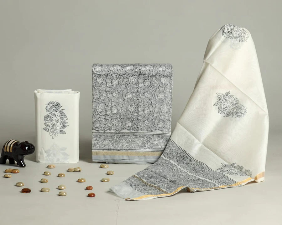 YUVI STYLE HAND BLOCK CHANDERI SILK SUIT SET WITH CHANDERI DUPATTA (CHDYS285)