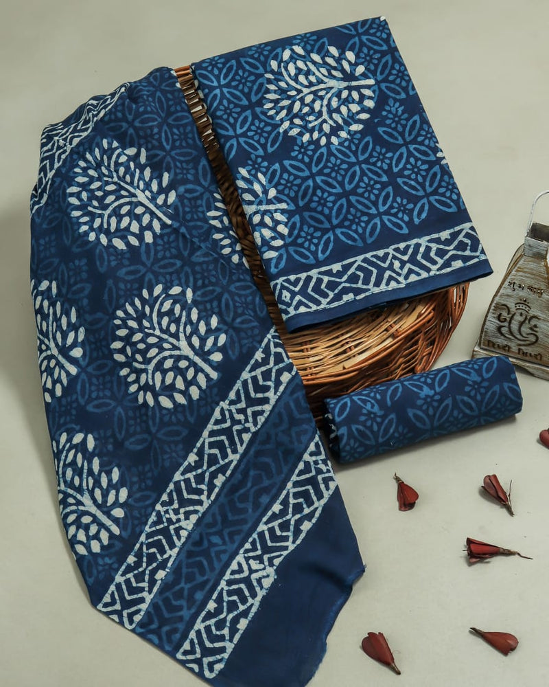 Floral Jaal Hand Block Print Cotton Suit Set with Mulmul Dupatta (MALYS292)