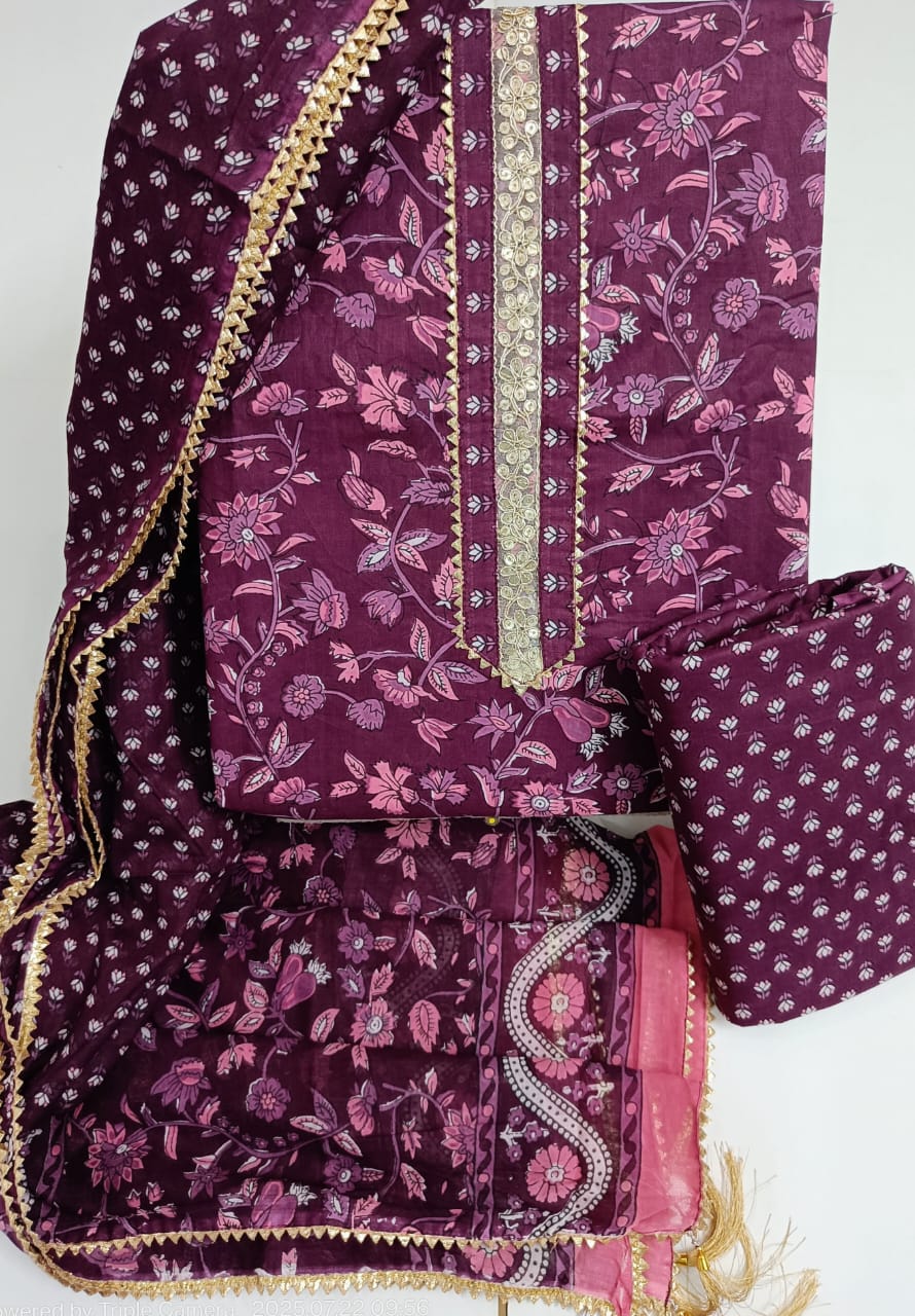 SANGANERI PRINT COTTON SUIT MATERIAL WITH COTTON DUPATTA GOTTA TYE NECK WORK (GOTAYS36)