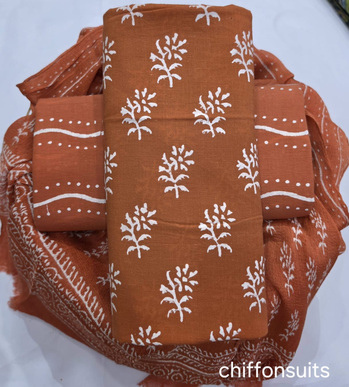 DESIGNER HAND BLOCK PRINT PURE COTTON SUIT WITH CHIFFON DUPATTA (PCHFYS148)