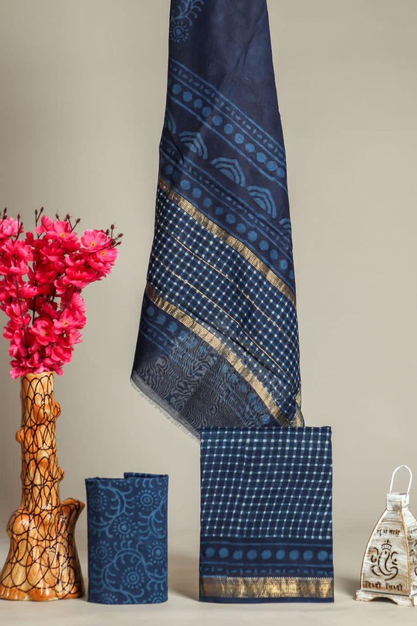 EXCLUSIVE  HAND BLOCK PRINT MAHESHWARI SILK SUIT WITH MAHESHWARI SILK (MSLYS94)