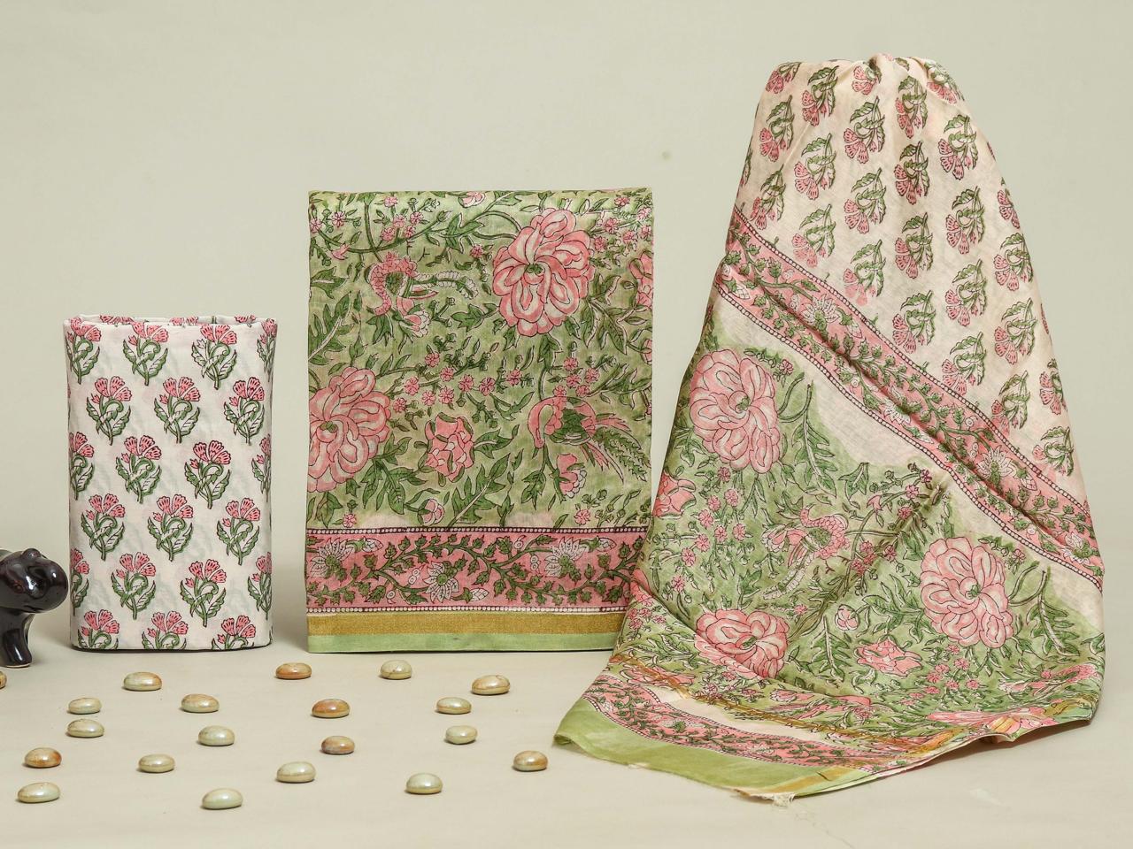 TRADITIONAL HAND BLOCK BAGRU PRINT CHANDERI SILK SUIT SET WITH PREMIUM CHANDERI DUPATTA (CHDYS307)
