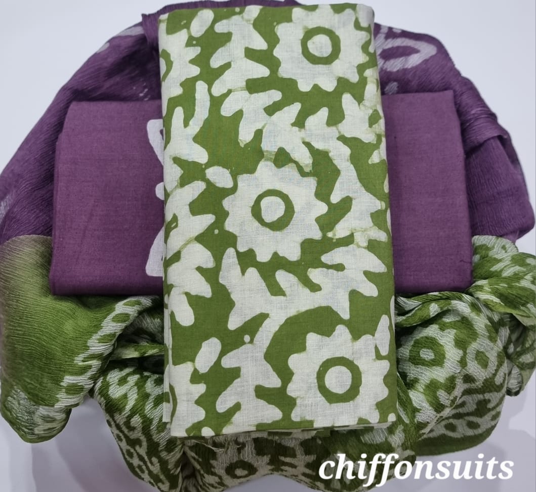TRADITIONAL HAND BLOCK PRINT PURE COTTON SUIT WITH CHIFFION DUPTTA (PCHFYS150)