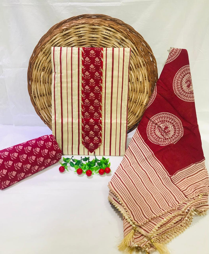 Sanganeri print cotton suit material with  mulmul dupatta neck work (GOTAYS52)
