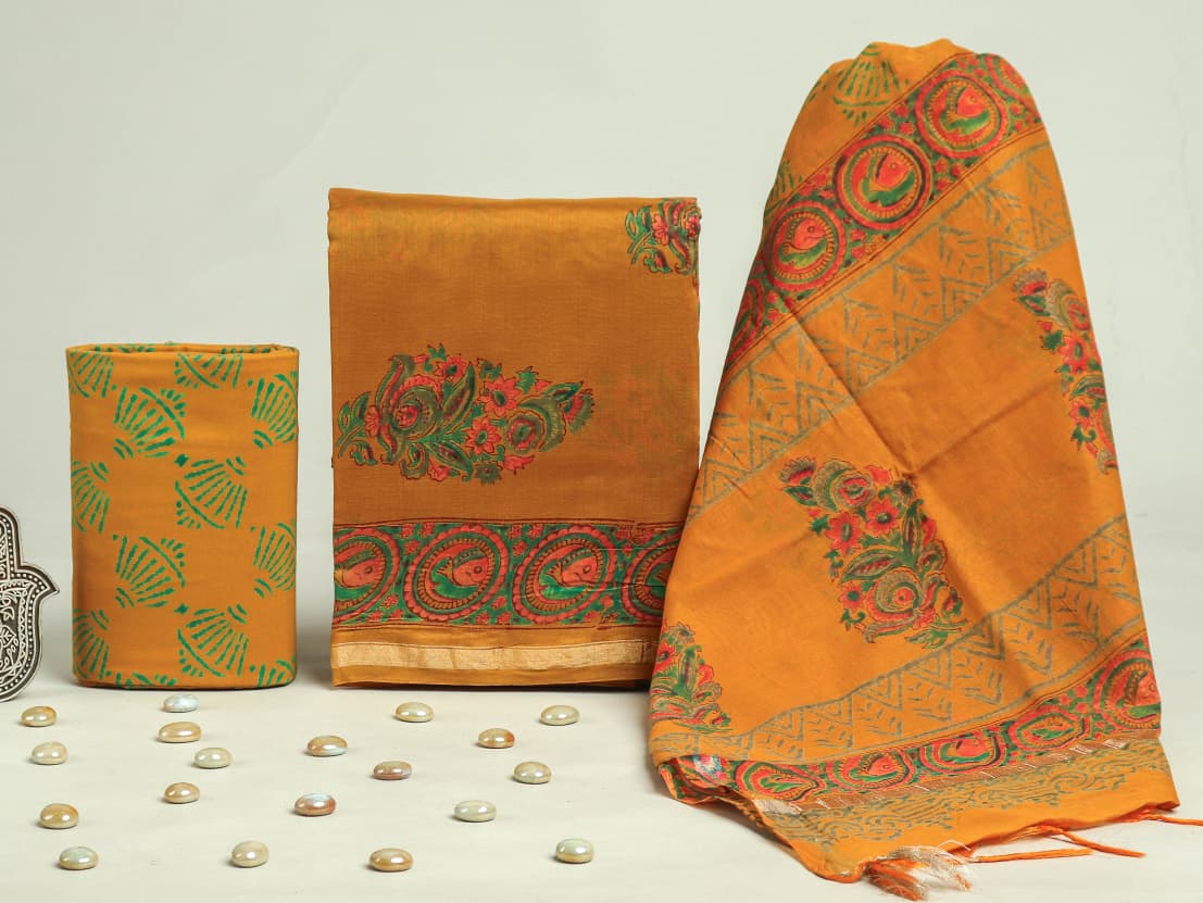 TRADITIONAL HAND BLOCK BAGRU PRINT CHANDERI SILK SUIT SET WITH PREMIUM CHANDERI DUPATTA (CHDYS306)